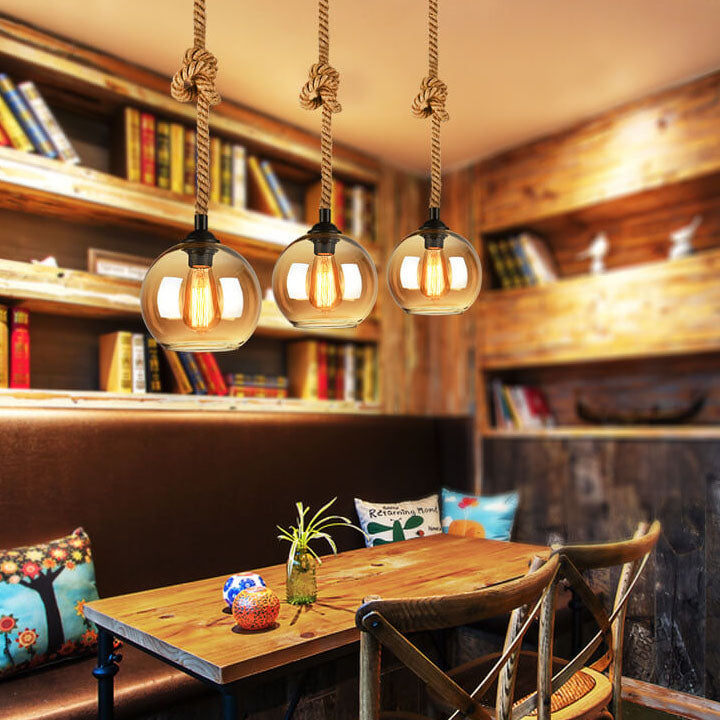 Glass Globe Pendant Lamp with Hemp Rope - Vintage Lighting Design