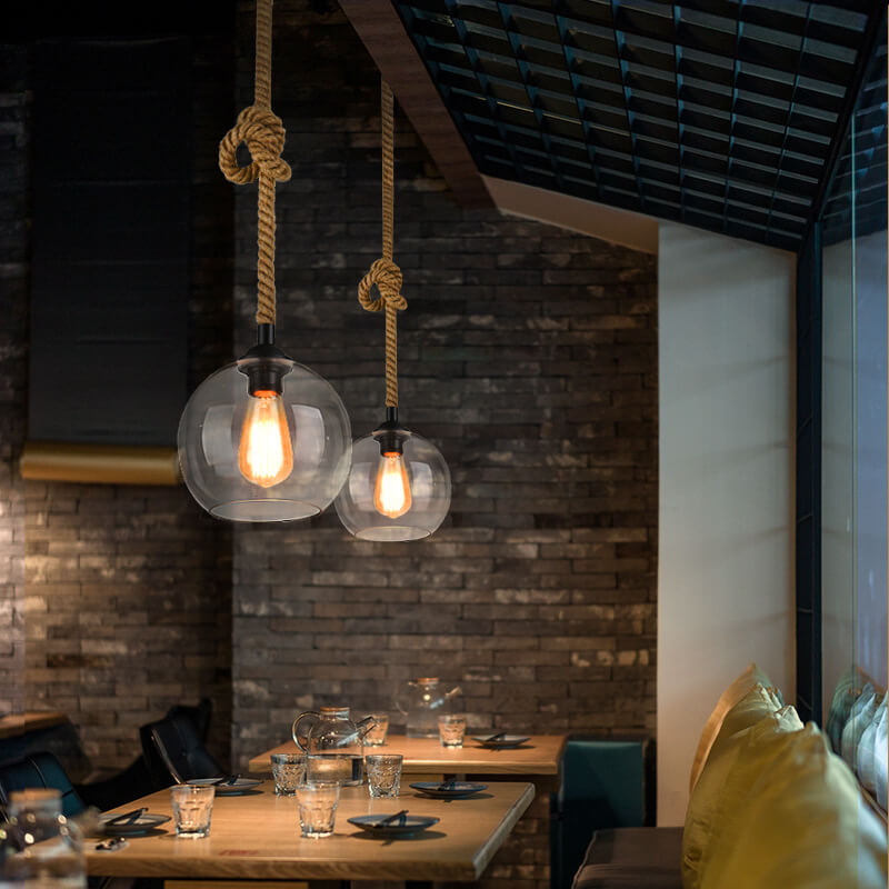 Glass Globe Pendant Lamp with Hemp Rope - Vintage Lighting Design