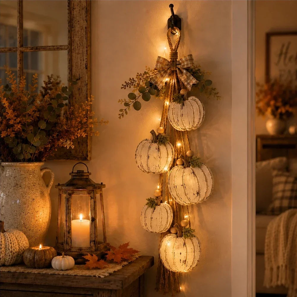 Wooden Pumpkin Door Hanger - 5-Piece Set with Plaid Bow