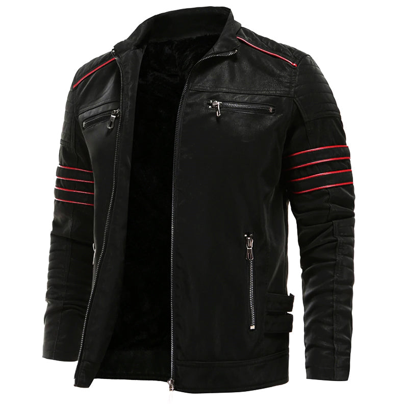 Men's Biker Jacket in Faux Leather with Contrast Stripe Detail