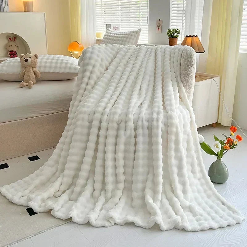 Textured Coral Fleece Throw Blanket for Sofa and Bed