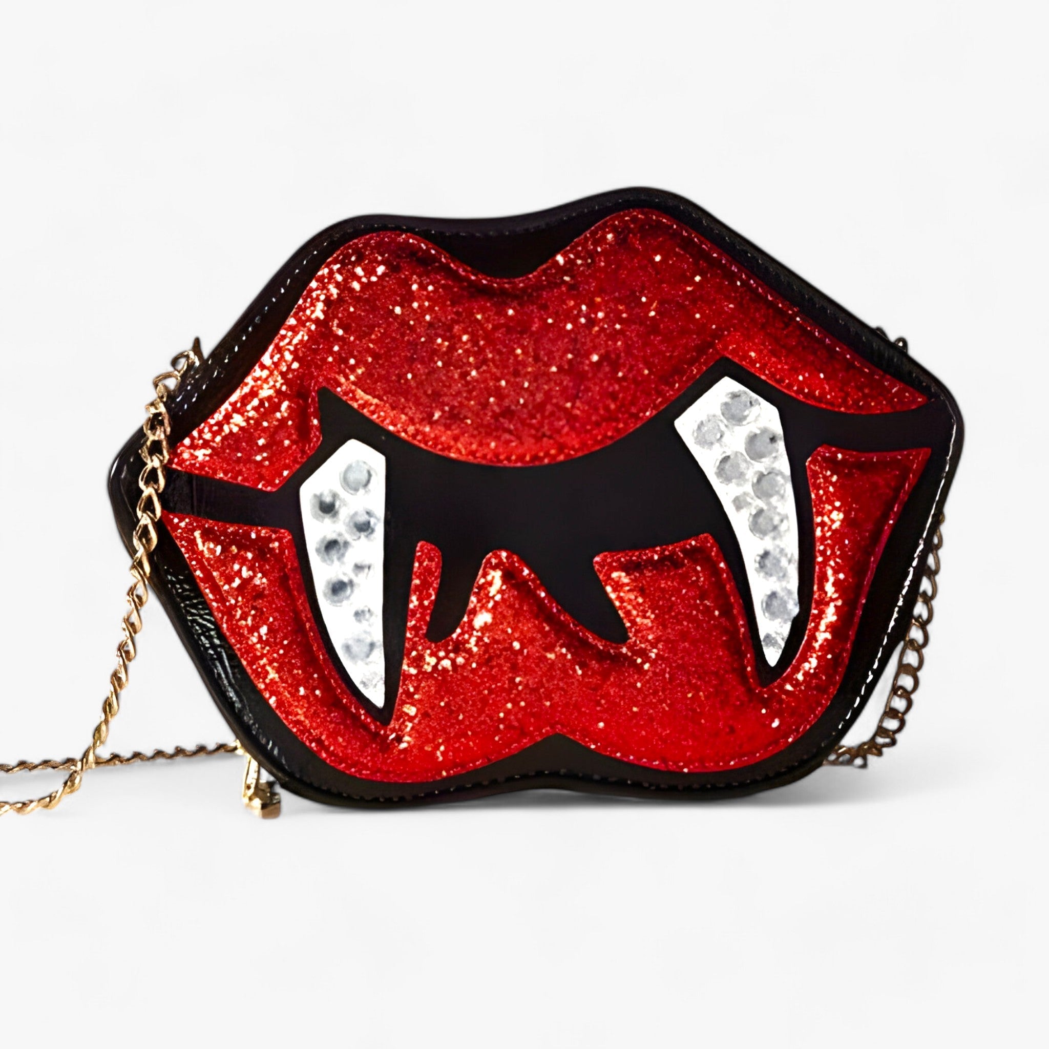 bags : Gothische Schoudertas Grappige Tand Lip - Glanzende PU Leren Tas voor Halloween - Zwart in Zwart van Pantino
