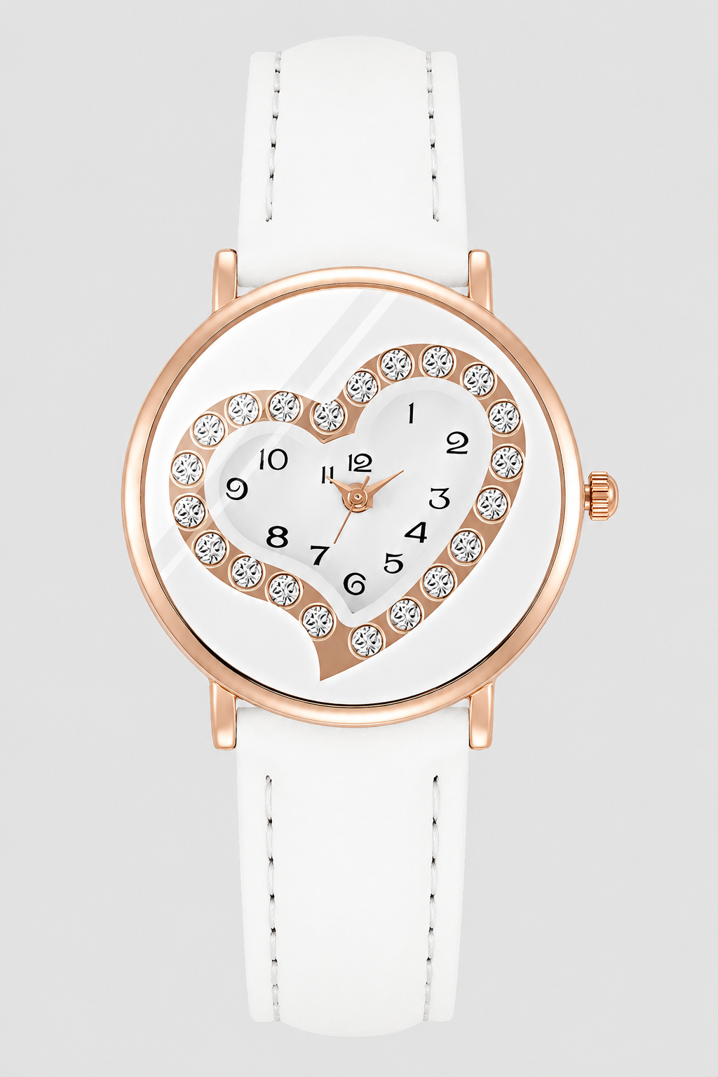 Romantic Crystal Heart Women's Leather Strap Watch