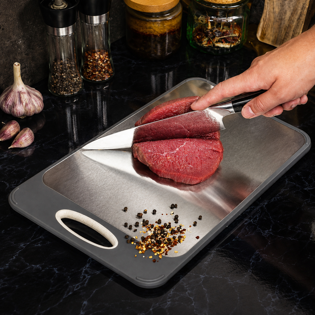 Double-Sided Non-Porous Cutting Board with Non-Slip Silicone Edges