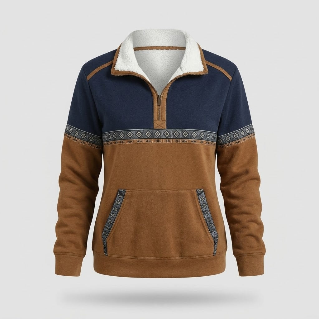 Women's Sweater - Half-Zip with Sherpa Collar, Cognac