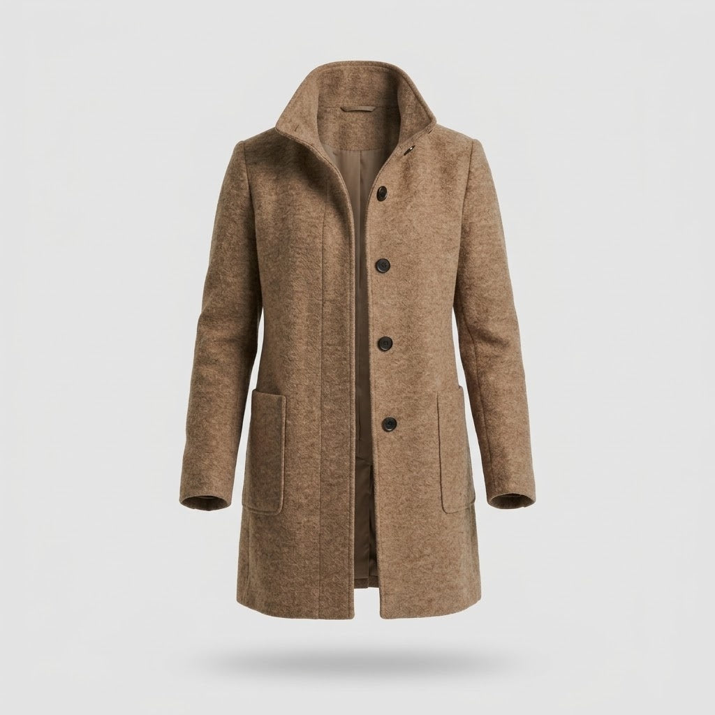 Women's Mid-Length Coat - Stand-Up Collar with Single-Breasted Buttons