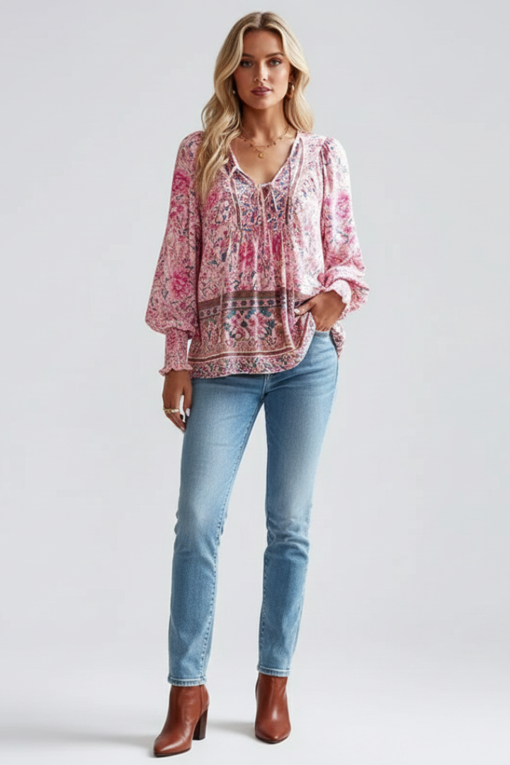 Women's Floral Pattern Blouse with Long Sleeves in Pink - View 2.0 | Roselva