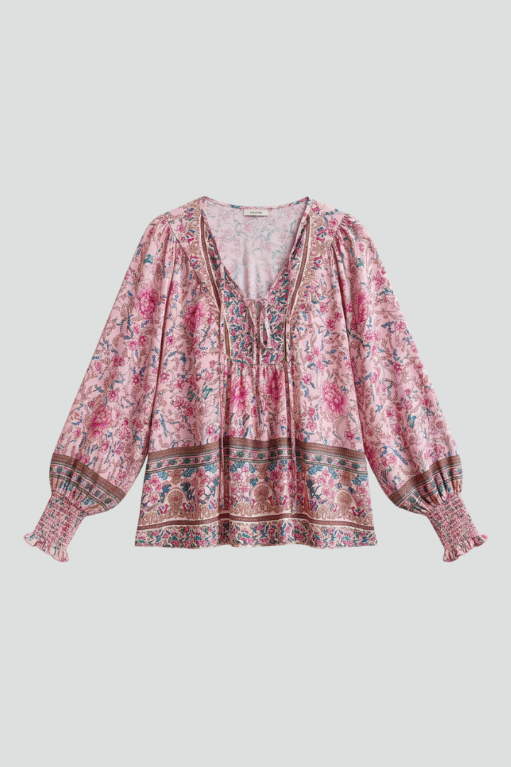 Women's Floral Pattern Blouse with Long Sleeves in Pink | Roselva