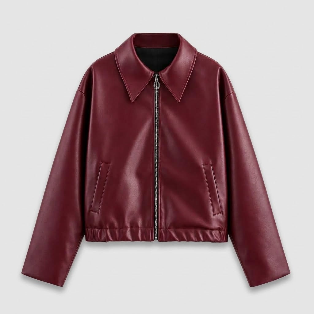 Women's Short Faux Leather Jacket with Zip and Collar