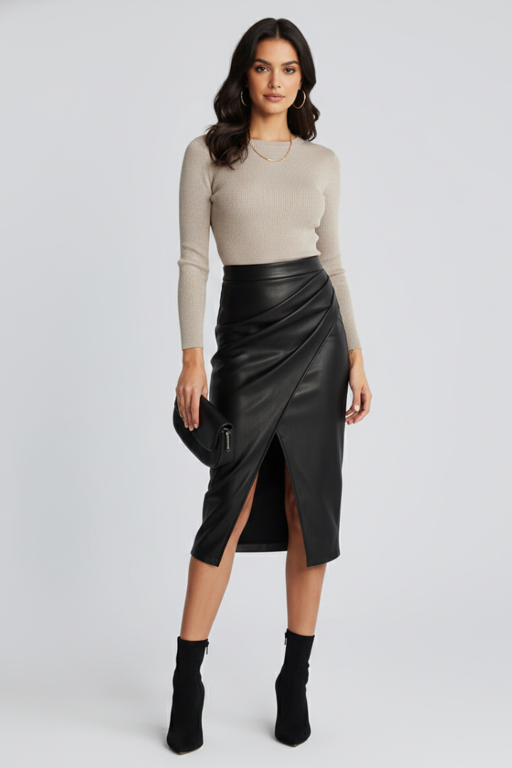Women's Midi Skirt with Pleats and Front Slit in Brown - View 6.0 | Roselva