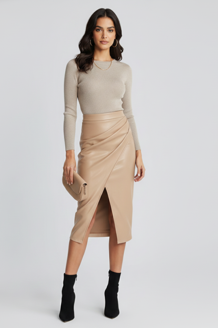 Women's Midi Skirt with Pleats and Front Slit in Brown - View 7.0 | Roselva