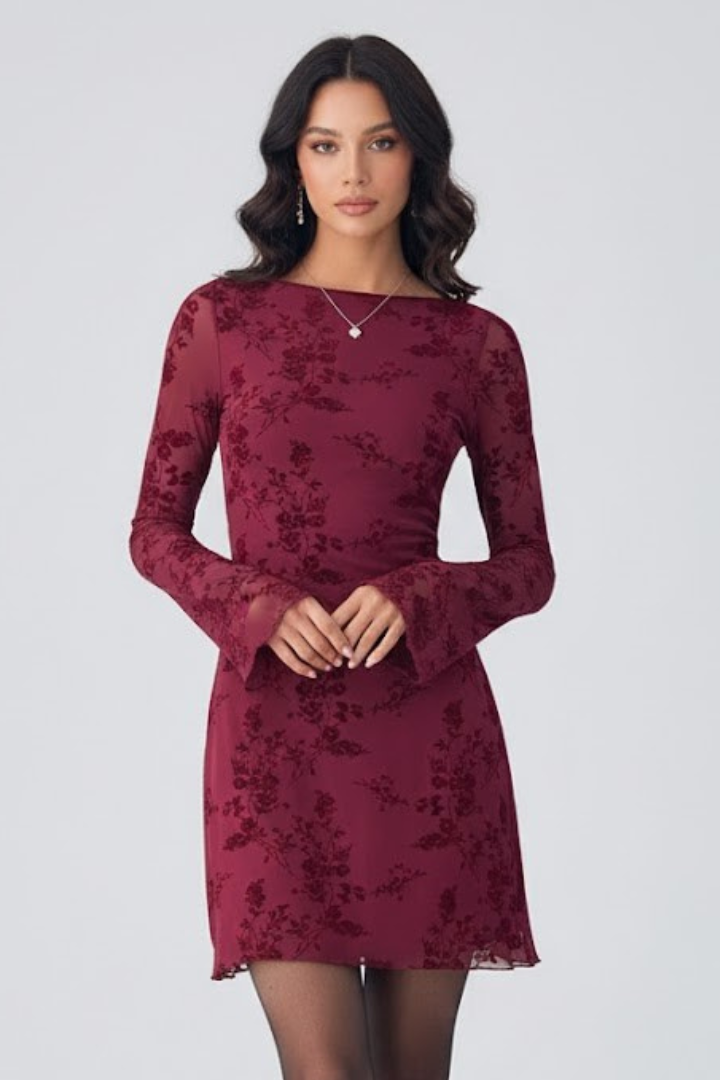 Women's Mini Dress with Floral Detail in Burgundy - View 3.0 | Roselva