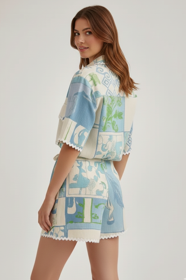 Women's Two-Piece Set with Patchwork Top and Adjustable Shorts in White - View 5.0 | Roselva