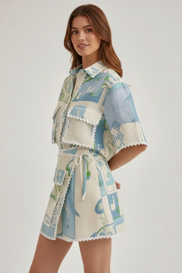 Women's Two-Piece Set with Patchwork Top and Adjustable Shorts in White - View 4.0 | Roselva