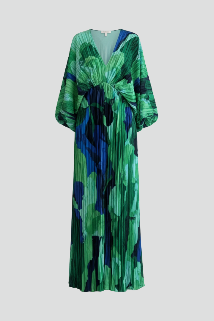 Women's Dress with V-Neck and Pleated Hem in Green | Roselva