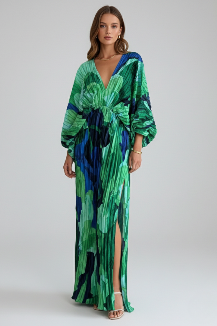 Women's Dress with V-Neck and Pleated Hem in Green - View 2.0 | Roselva