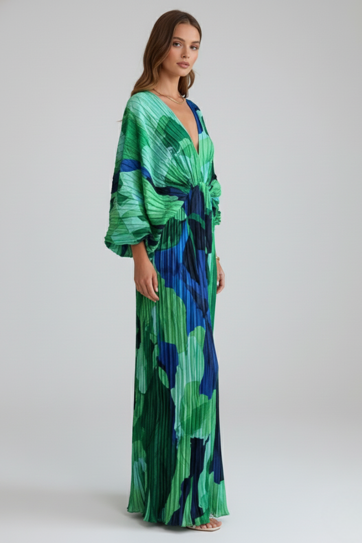 Women's Dress with V-Neck and Pleated Hem in Green - View 3.0 | Roselva