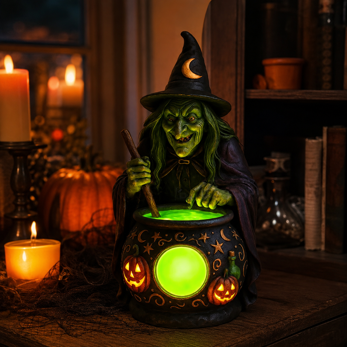 Witch Cauldron Resin Table Lamp with Neon Green LED