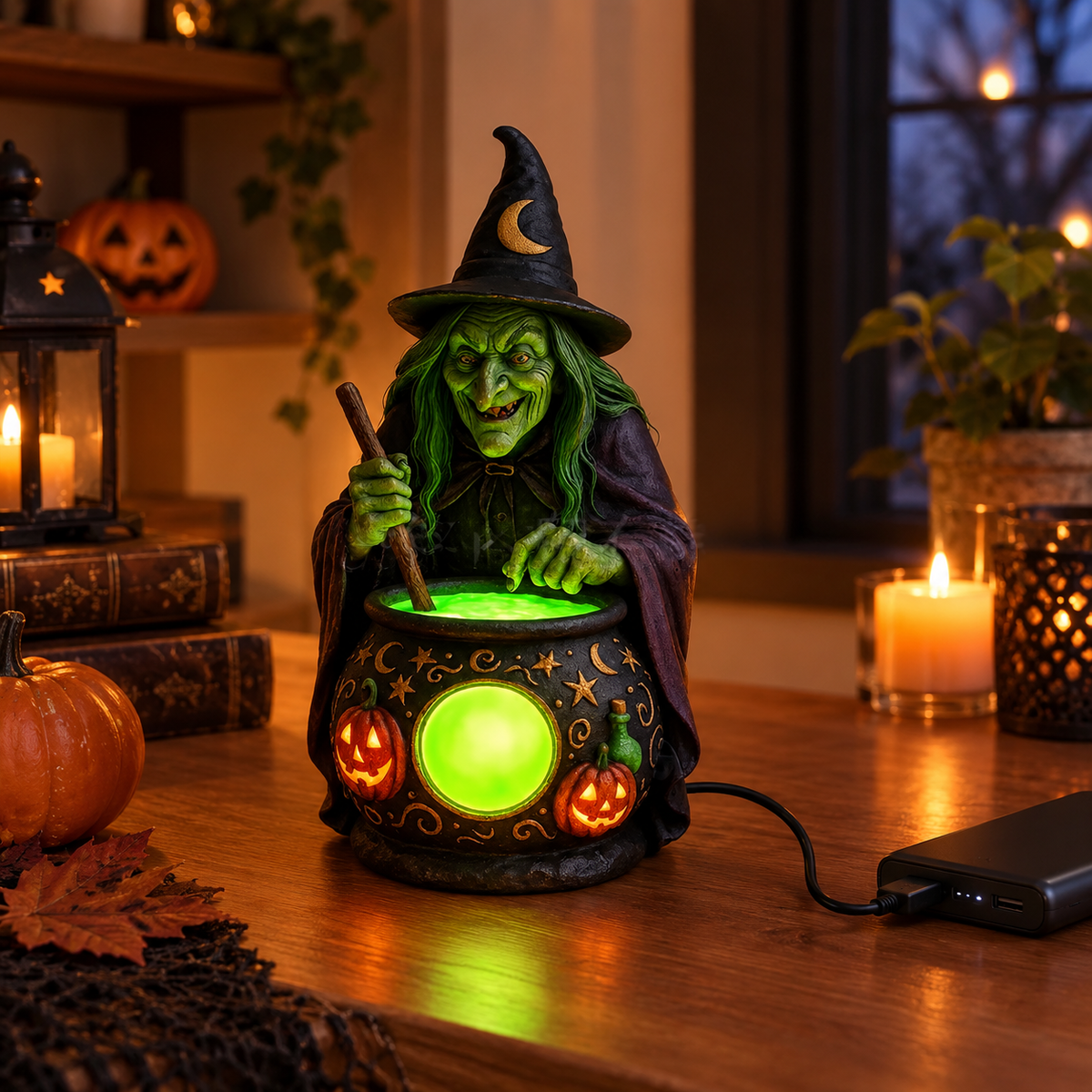Witch Cauldron Resin Table Lamp with Neon Green LED