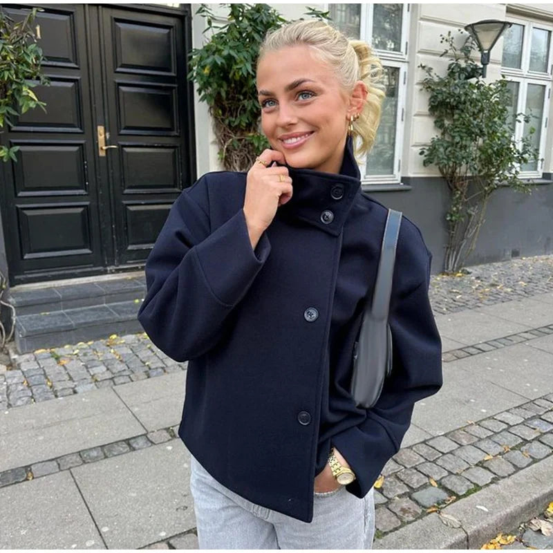 Women's Short Fall Jacket with Elegant Collar and Button Closure
