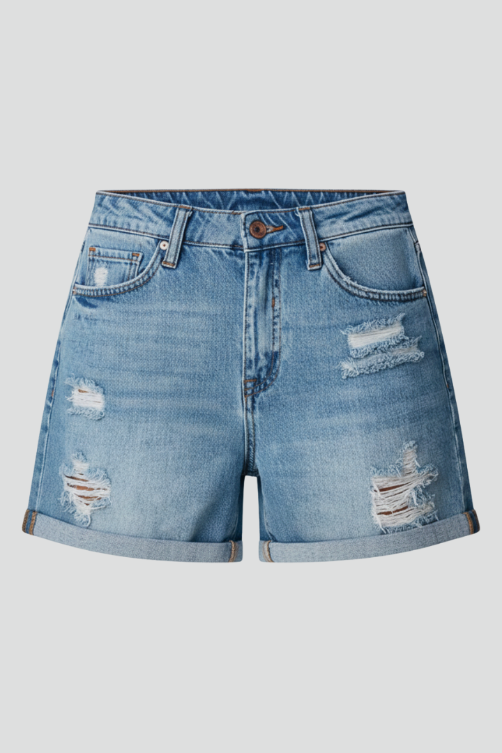 Women's Distressed Denim Shorts with Decorative Fringes in Blue | Roselva