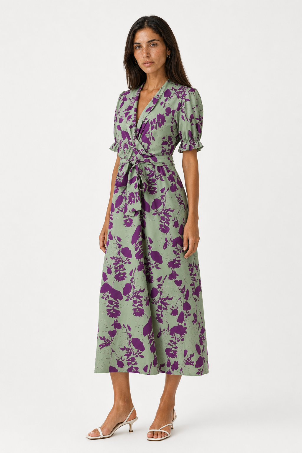 Floral Print Midi Dress with Ruffled Puff Sleeves