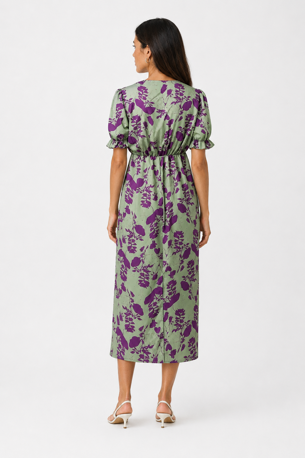 Floral Print Midi Dress with Ruffled Puff Sleeves