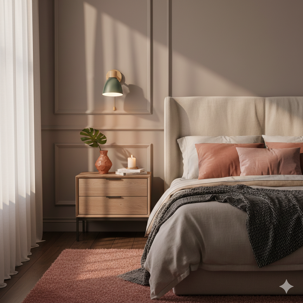Modern Wall Sconce with Angled Arm, Wood, Conical Shade