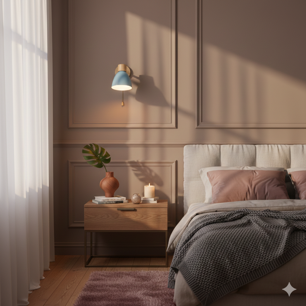 Modern Wall Sconce with Angled Arm, Wood, Conical Shade