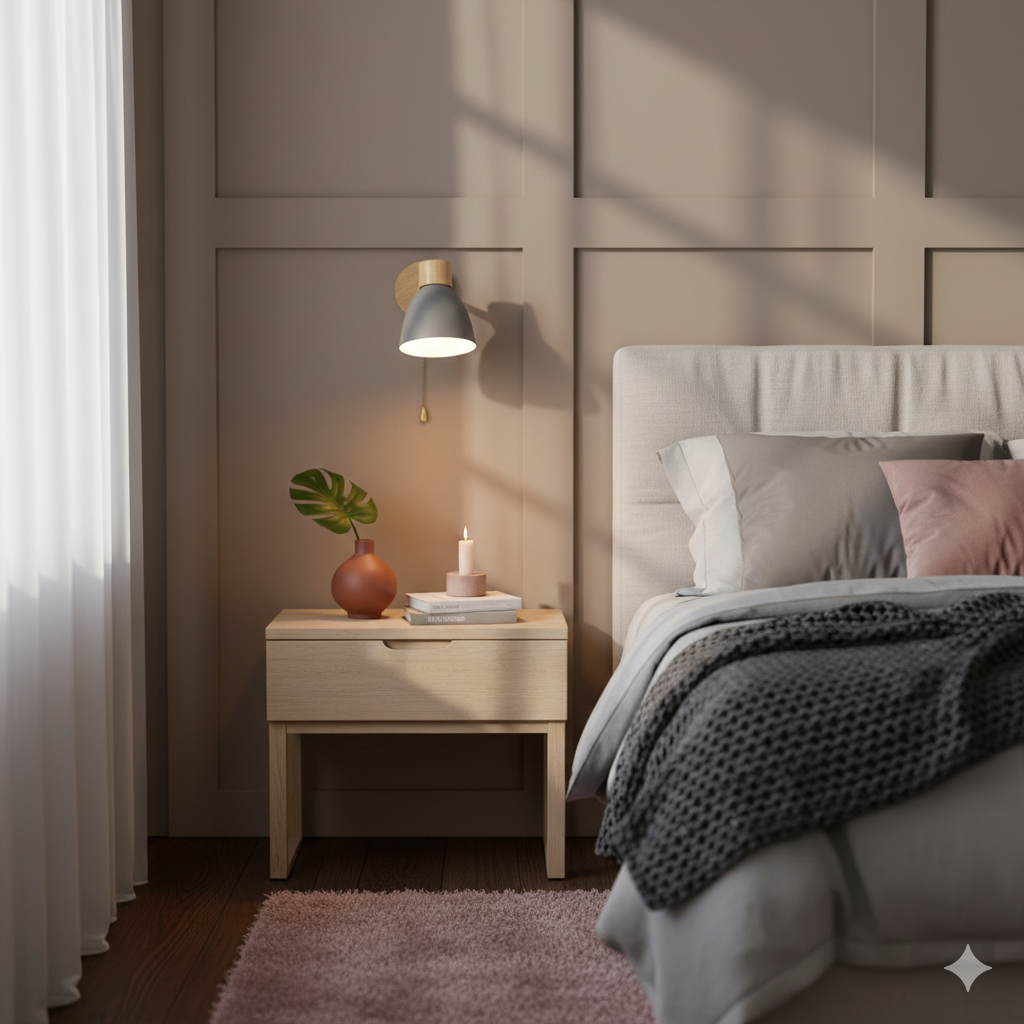 Modern Wall Sconce with Angled Arm, Wood, Conical Shade