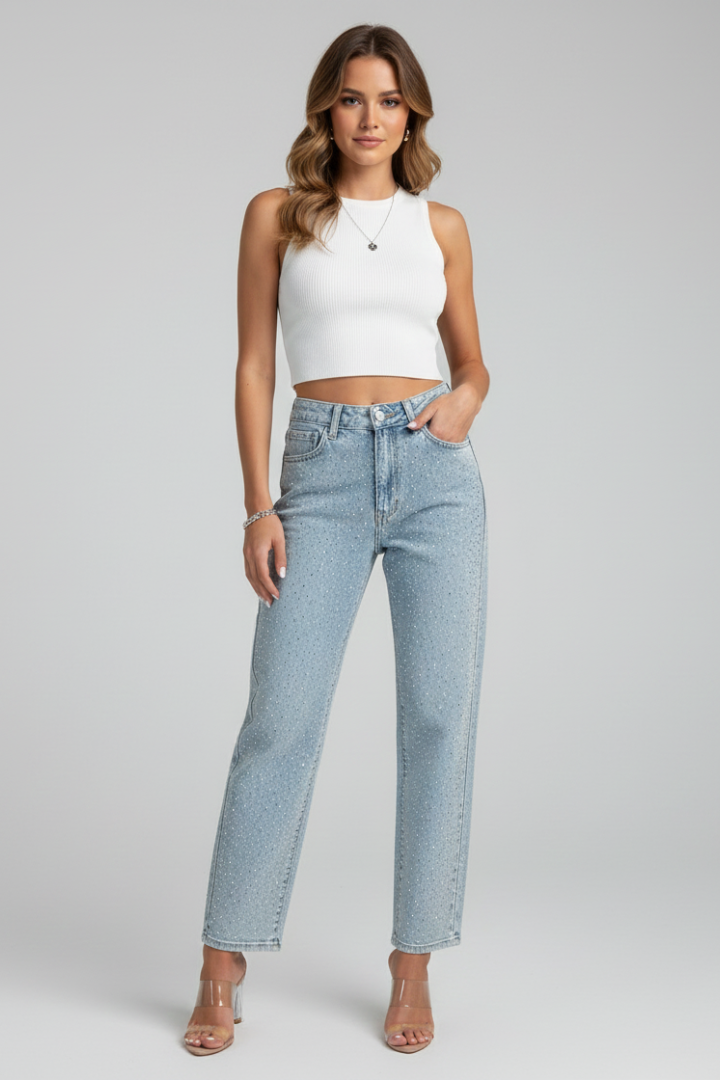 Women's High-Waisted Jeans with a Glossy Finish in Blue - View 2.0 | Roselva