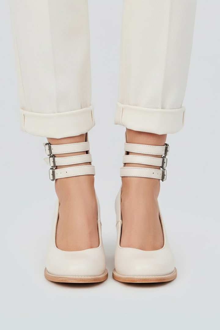 Women's Heeled Court Shoes with Strap and Closed Round Toe in White - View 2.0 | Roselva