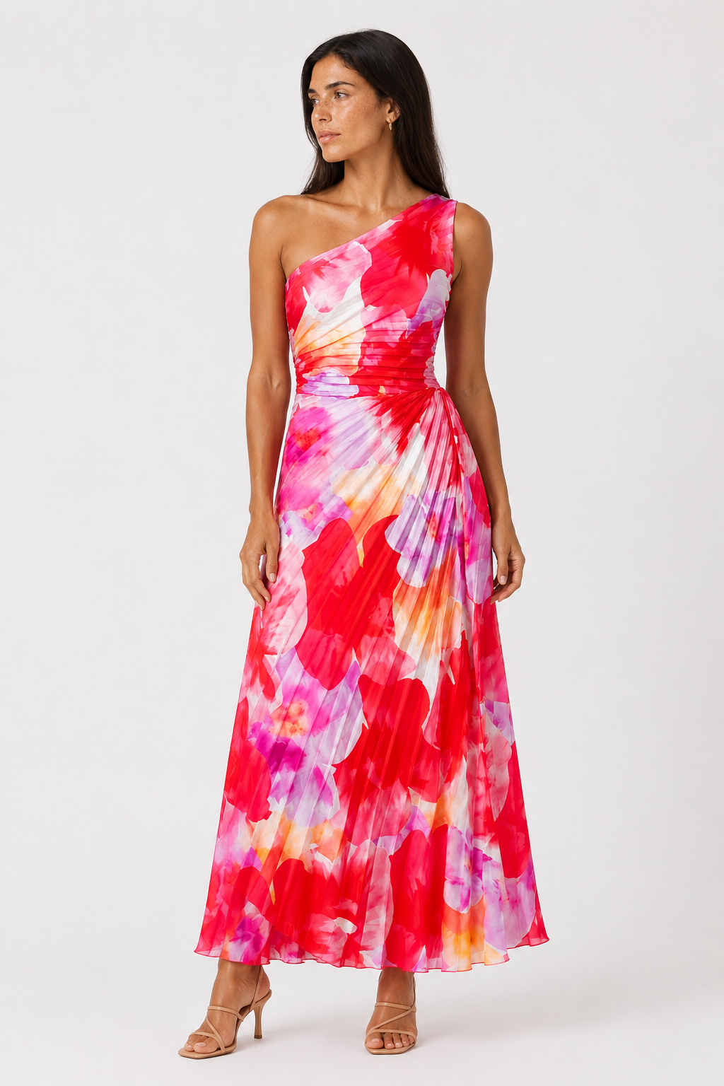 One-Shoulder Maxi Dress - Elegant Draped Floral Evening Dress