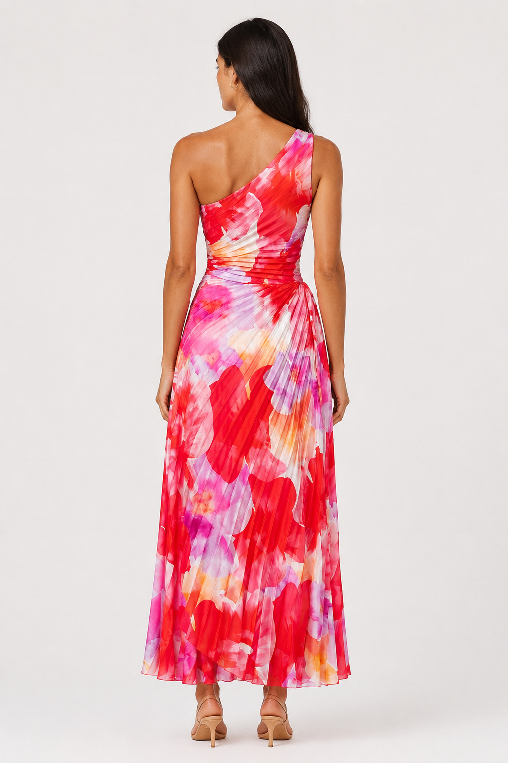 One-Shoulder Maxi Dress - Elegant Draped Floral Evening Dress