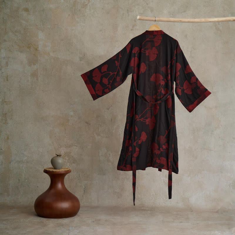 Cotton Kimono Bathrobe with Reversible Leaf Pattern