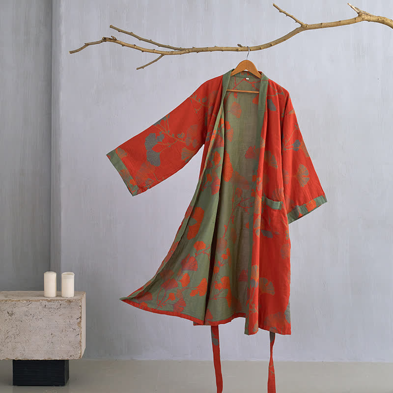 Cotton Kimono Bathrobe with Reversible Leaf Pattern