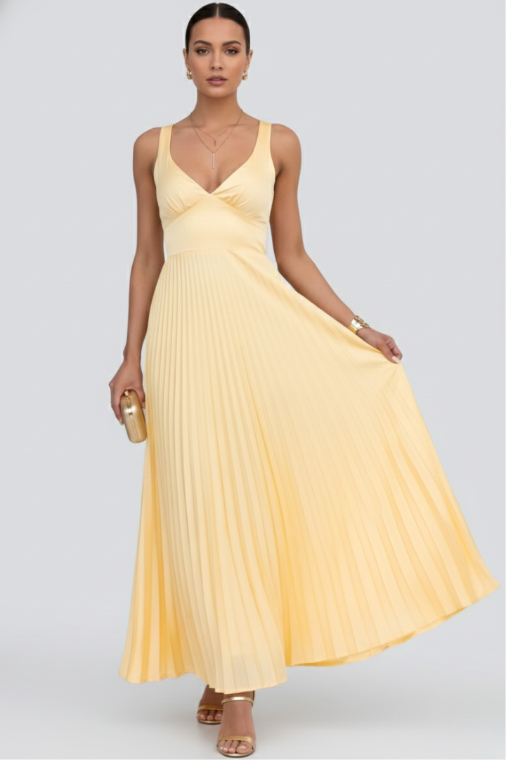 Women's Maxi Dress with Pleated Skirt and V-Neck in Yellow - View 2.0 | Roselva