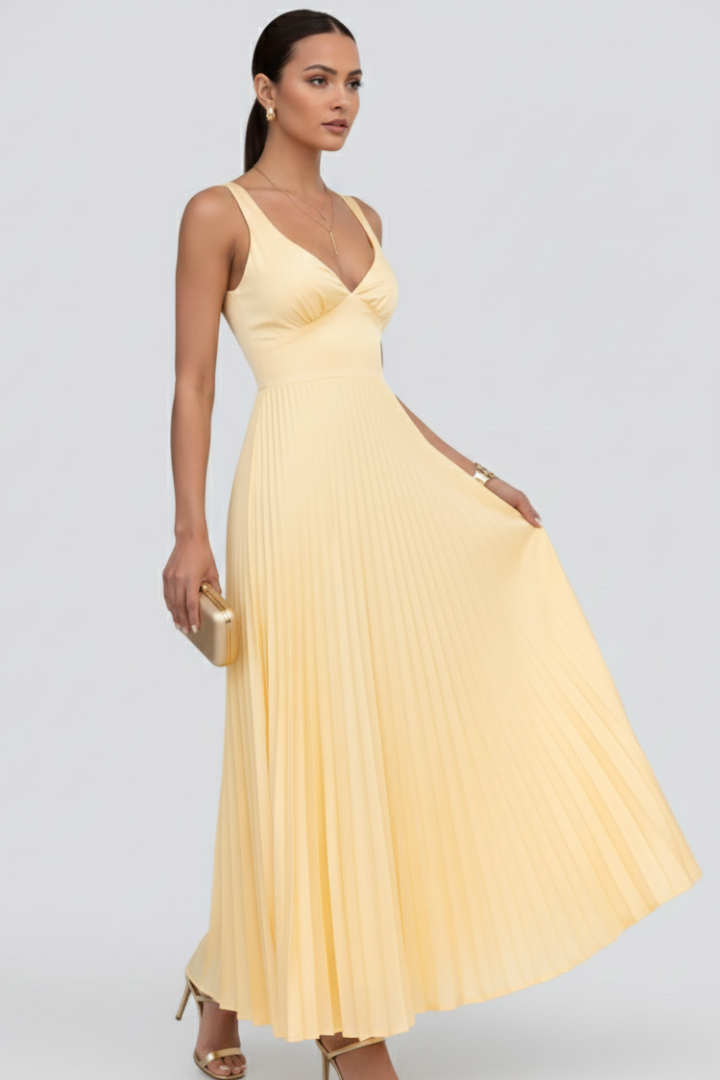 Women's Maxi Dress with Pleated Skirt and V-Neck in Yellow - View 3.0 | Roselva