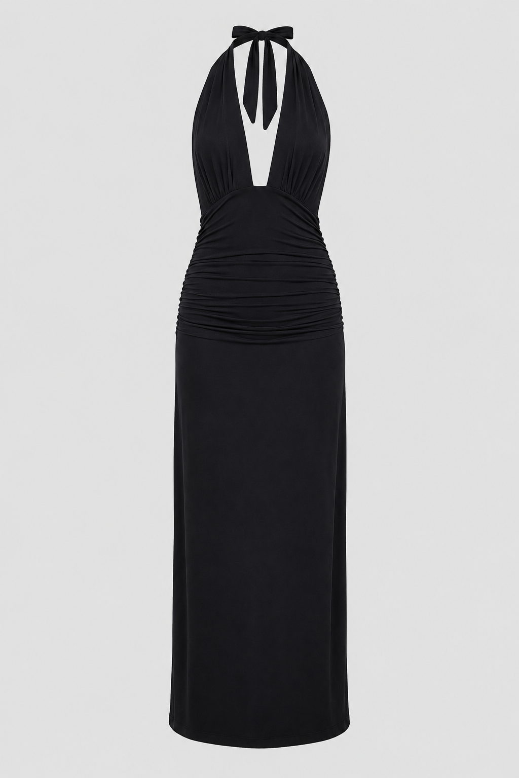 Plunge Halter Maxi Dress – Open-Back Tied Evening Gown
