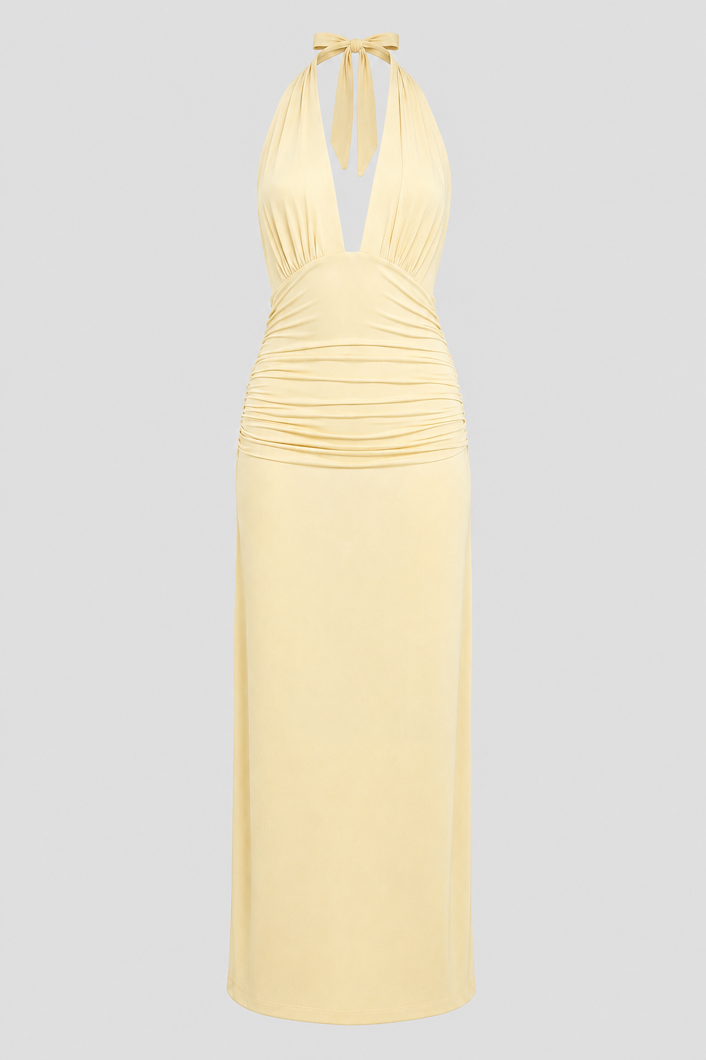 Plunge Halter Maxi Dress – Open-Back Tied Evening Gown