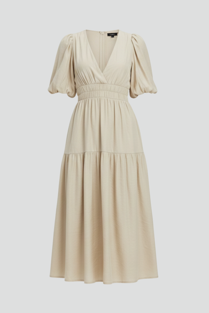 Women's Dress with V-Neck and Puff Sleeves
