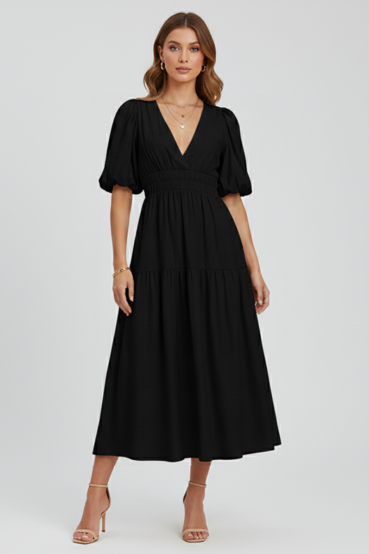 Women's Dress with V-Neck and Puff Sleeves in Beige - View 6.0 | Roselva