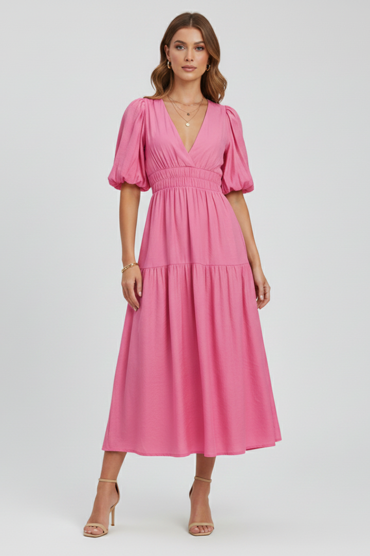 Women's Dress with V-Neck and Puff Sleeves in Beige - View 7.0 | Roselva