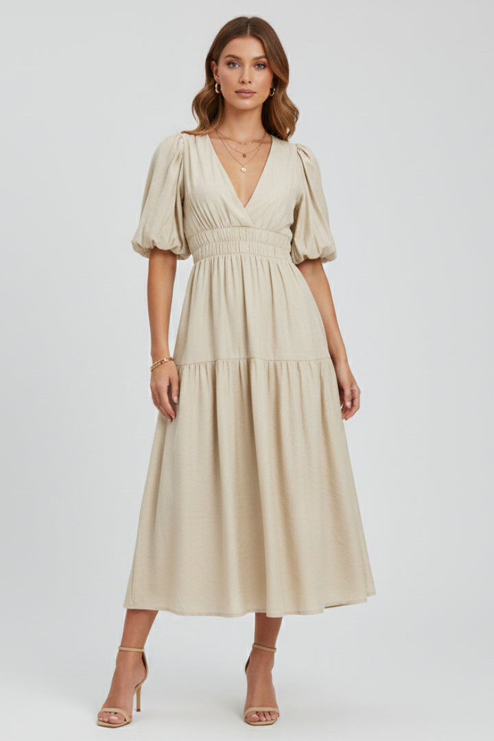 Women's Dress with V-Neck and Puff Sleeves in Beige - View 2.0 | Roselva