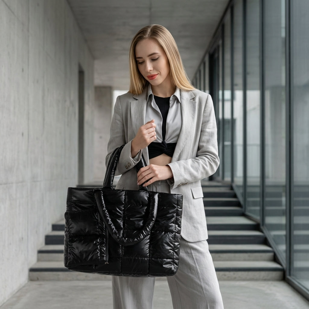 Padded Puffer Tote Bag – Quilted Glossy Everyday Carryall