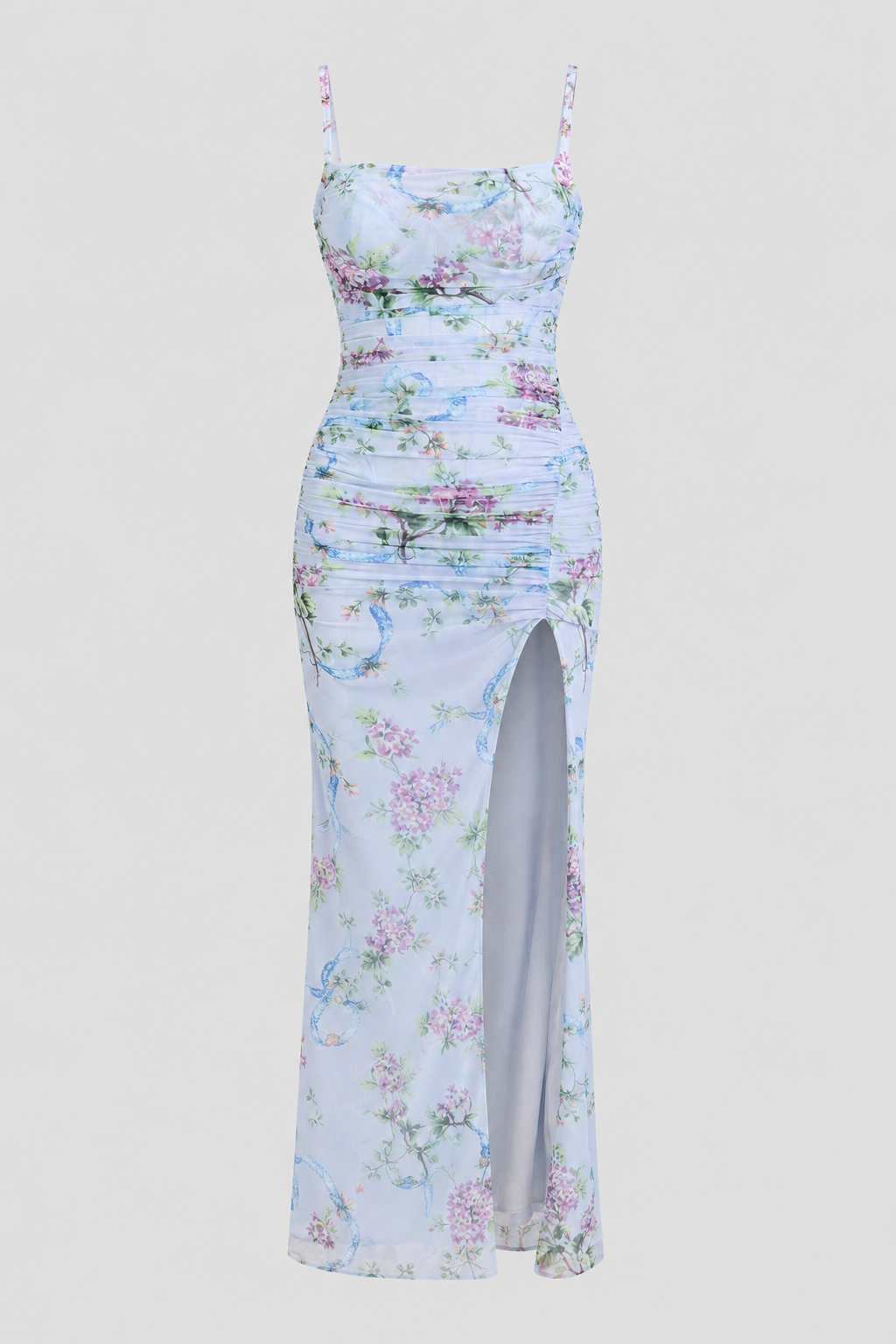 Romantic Floral Print Mesh Maxi Dress with Thigh Slit