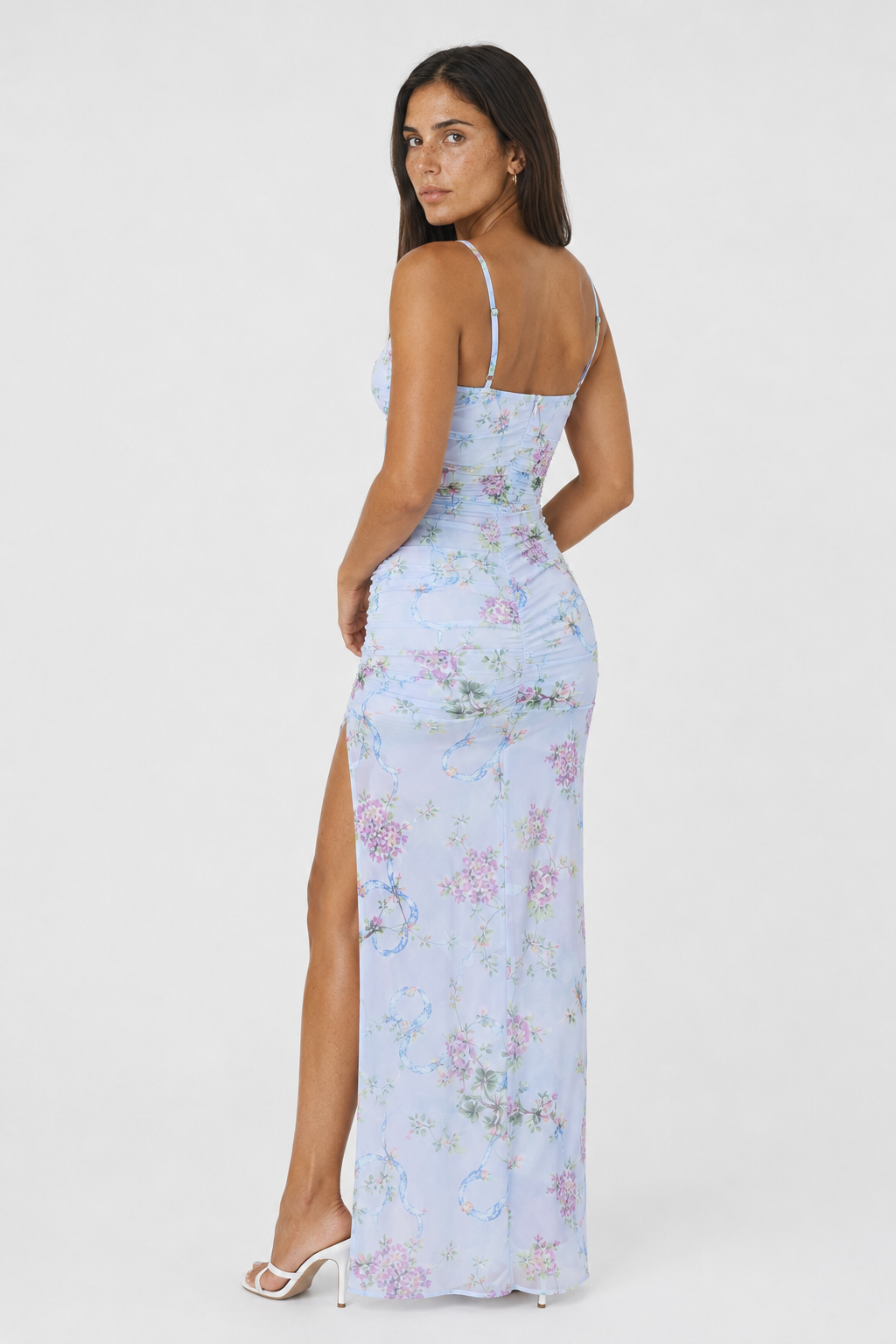 Romantic Floral Print Mesh Maxi Dress with Thigh Slit
