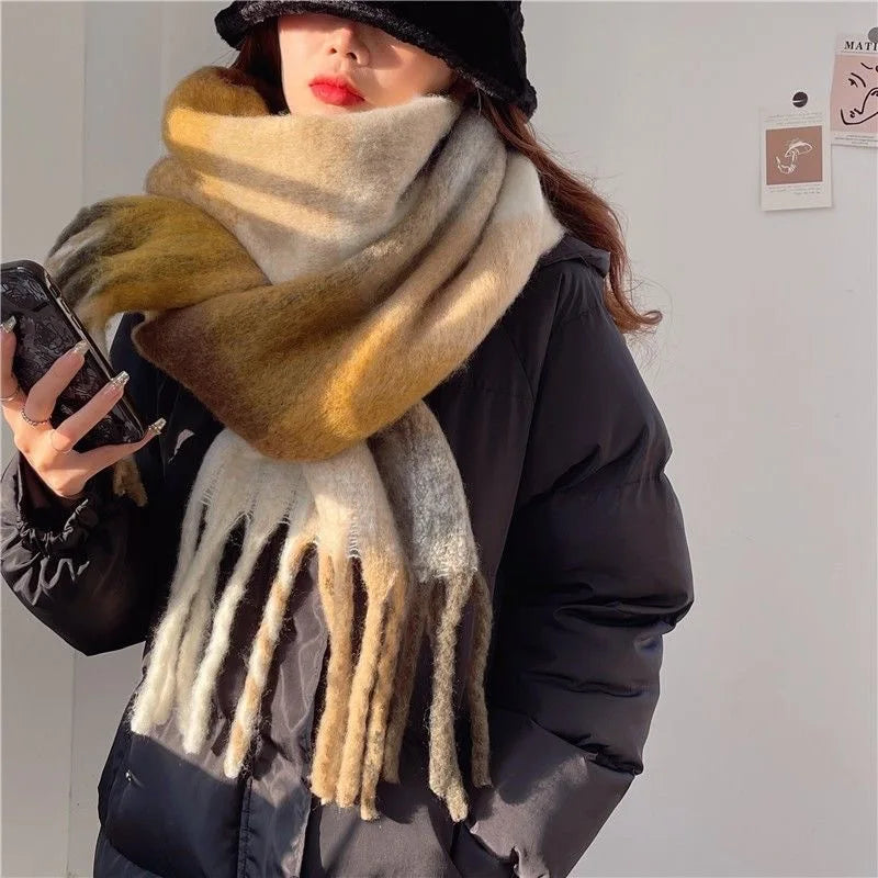 Women's Oversized Winter Scarf with Gradient Color and Fringe