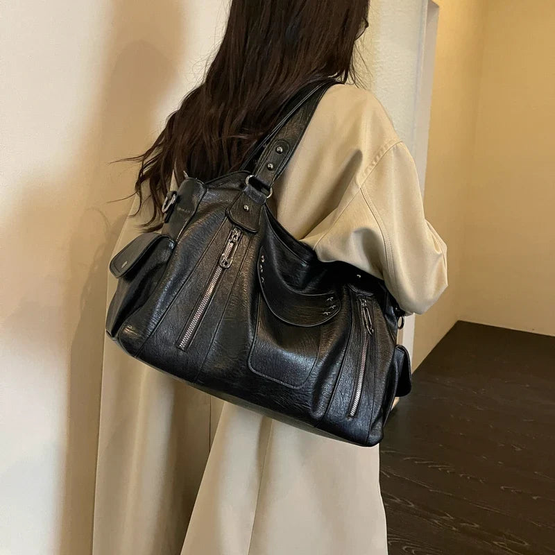 Rivet-Accent Leather Hobo Bag – Large Capacity Shoulder Tote