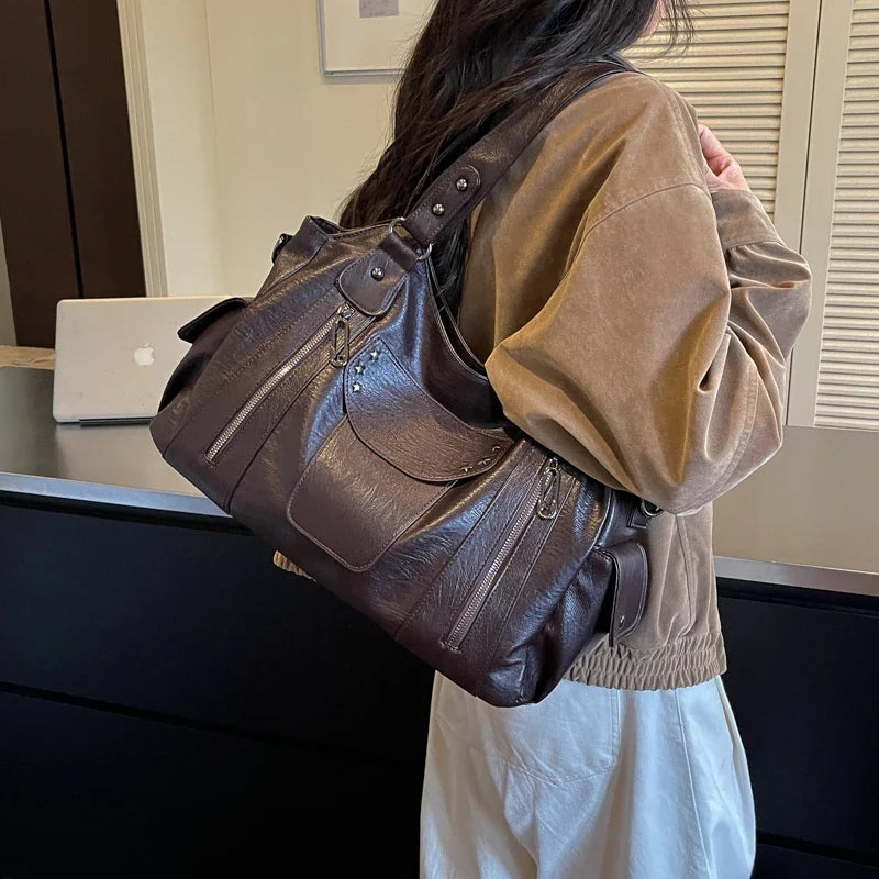 Rivet-Accent Leather Hobo Bag – Large Capacity Shoulder Tote